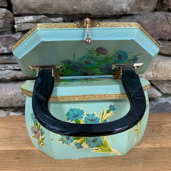 VTG Wood Decoupage Purse Floral 60s 70s Pearlized Handle Felt Lined - Picture 10 of 12
